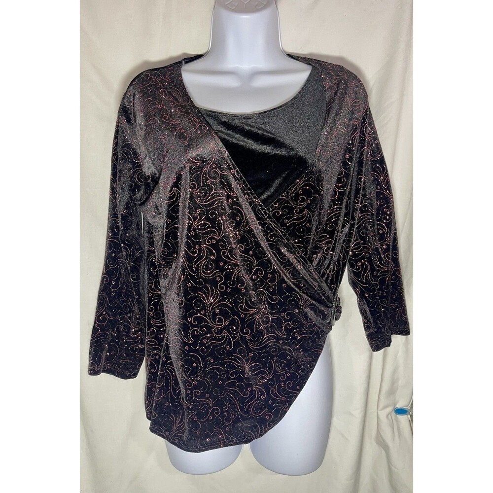 Notations Women Medium Black Pink Glitter Velvet Faux Wrap Top Blouse Ring